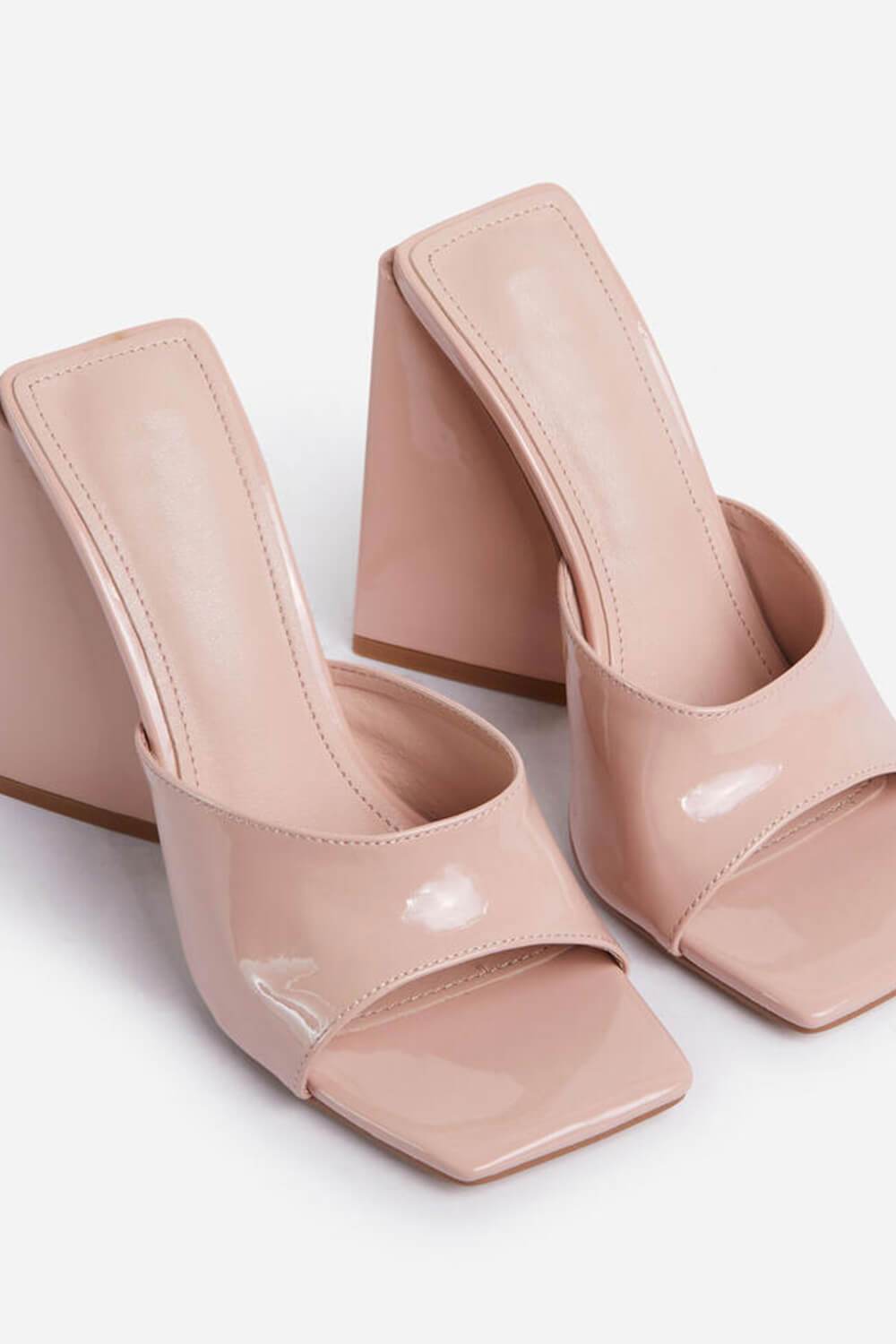 Nude Patent Square Peep Toe Sculptured Flared Block Heel Mules - MomyMall