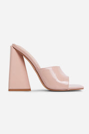 Nude Patent Square Peep Toe Sculptured Flared Block Heel Mules - MomyMall