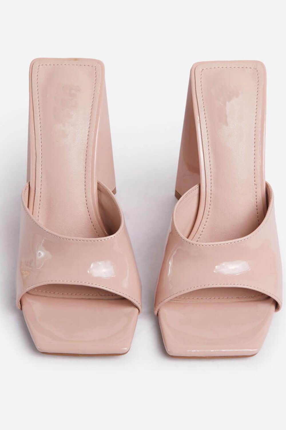 Nude Patent Square Peep Toe Sculptured Flared Block Heel Mules - MomyMall