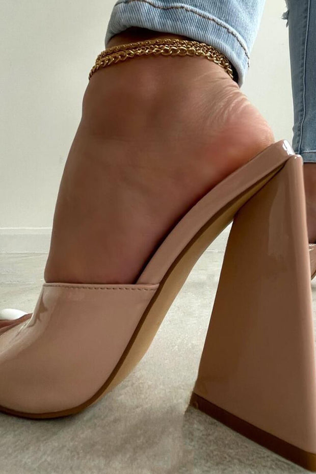 Nude Patent Square Peep Toe Sculptured Flared Block Heel Mules - MomyMall