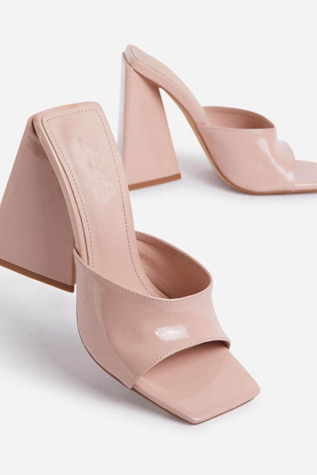 Nude Patent Square Peep Toe Sculptured Flared Block Heel Mules - MomyMall