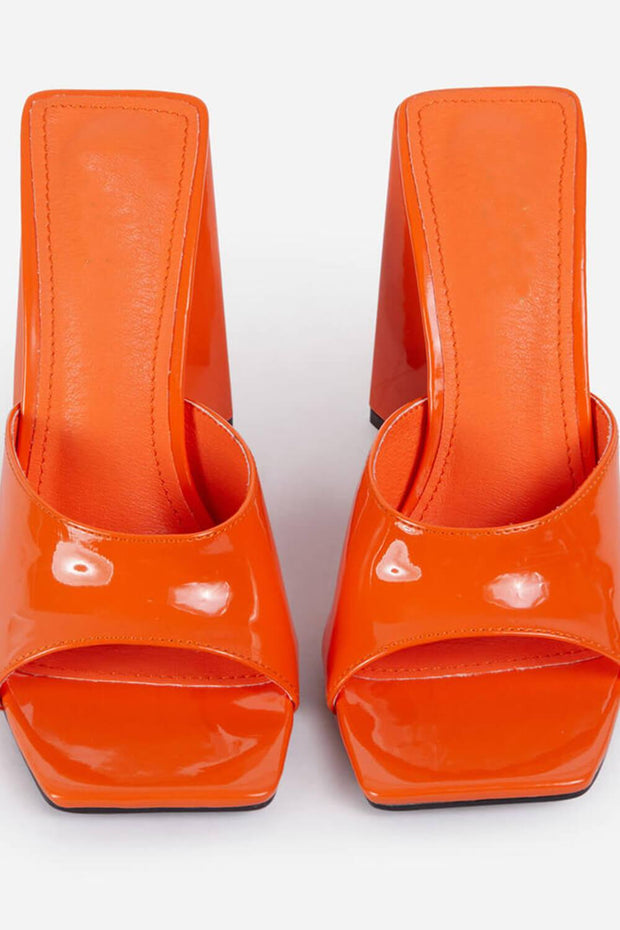 Orange Patent Square Peep Toe Sculptured Flared Block Heel Mules