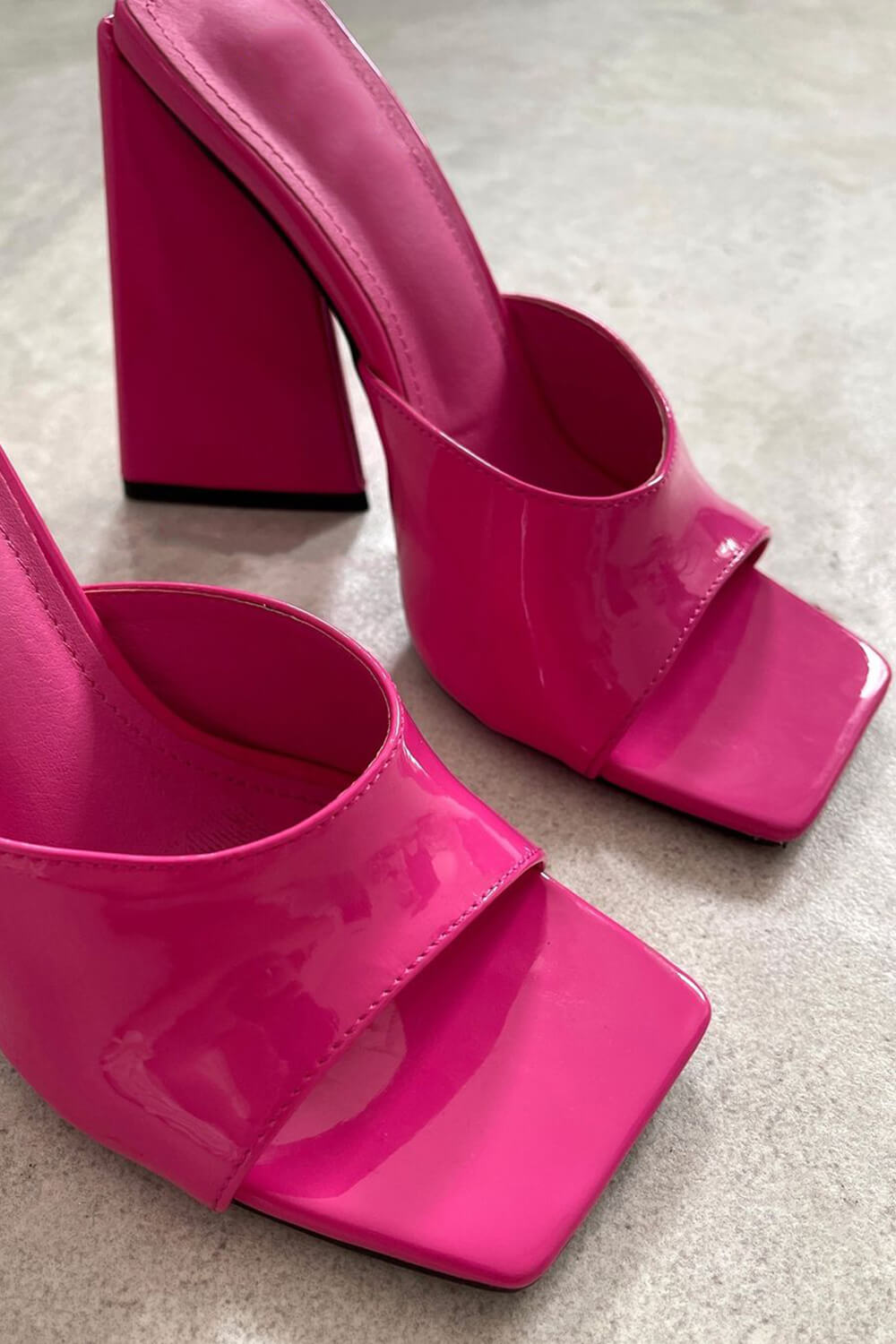 Hot Pink Patent Square Peep Toe Sculptured Flared Block Heel Mules - MomyMall