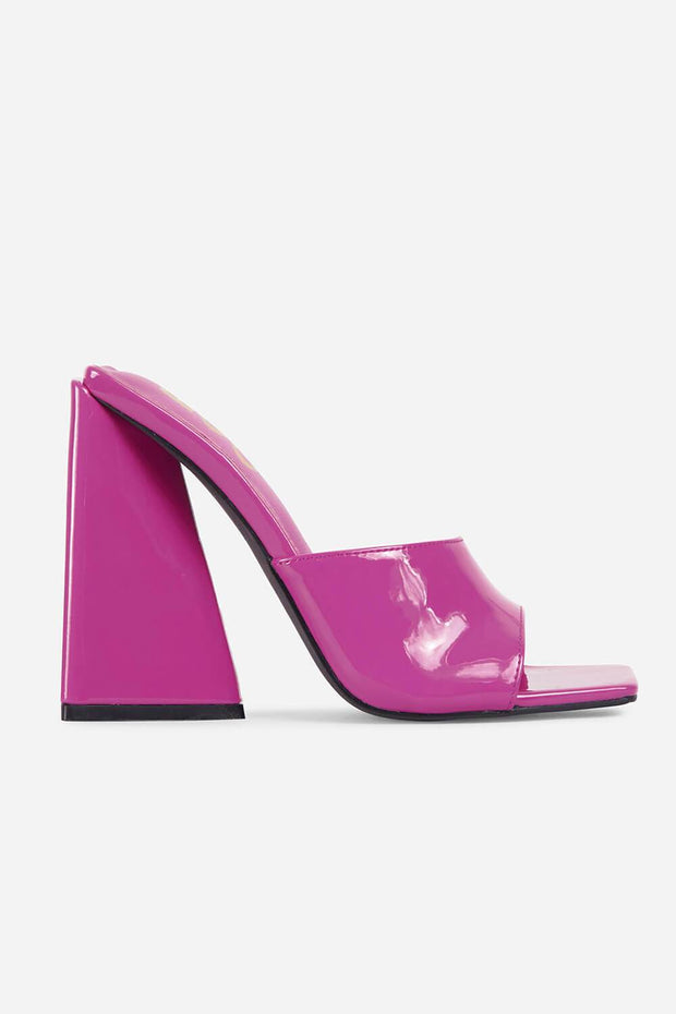 Hot Pink Patent Square Peep Toe Sculptured Flared Block Heel Mules - MomyMall