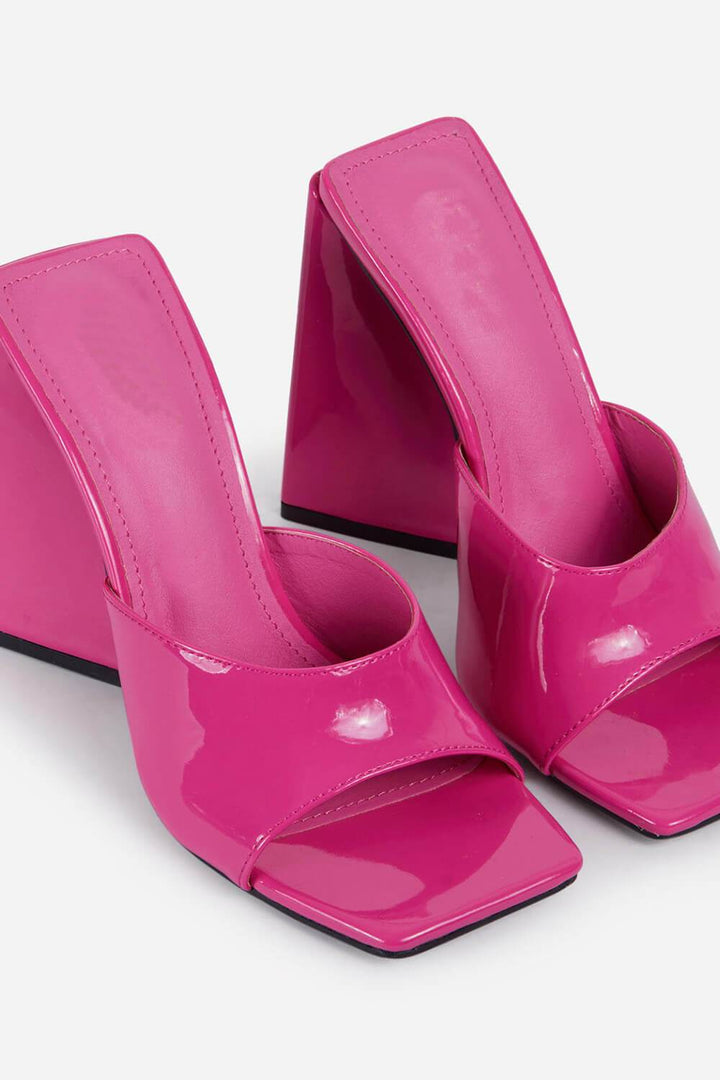 Hot Pink Patent Square Peep Toe Sculptured Flared Block Heel Mules - MomyMall