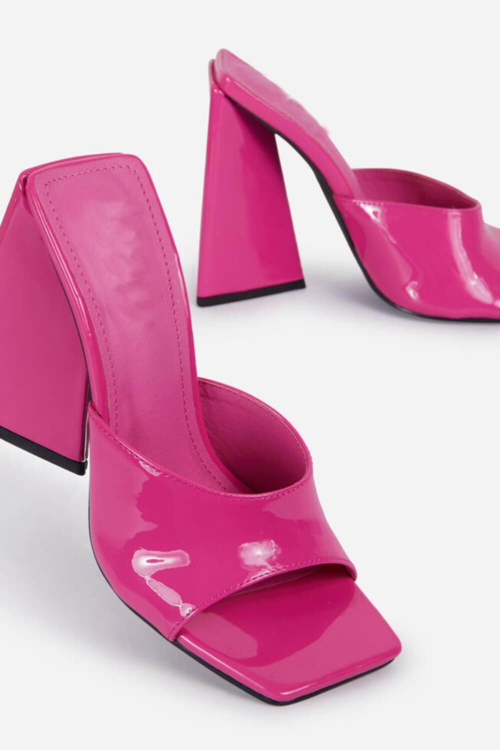 Hot Pink Patent Square Peep Toe Sculptured Flared Block Heel Mules - MomyMall