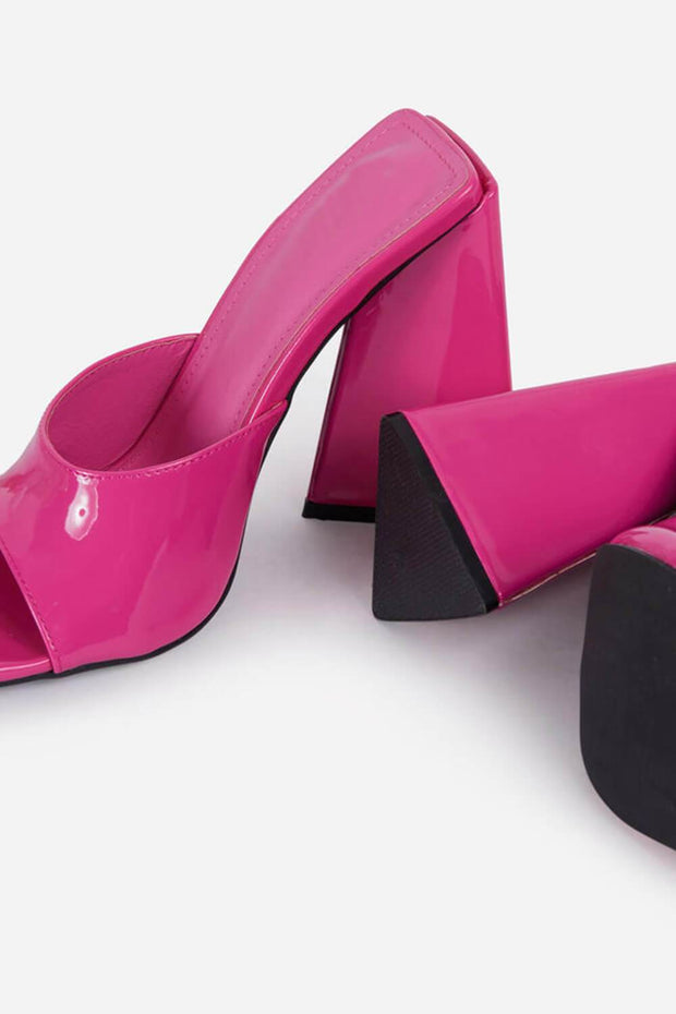 Hot Pink Patent Square Peep Toe Sculptured Flared Block Heel Mules - MomyMall