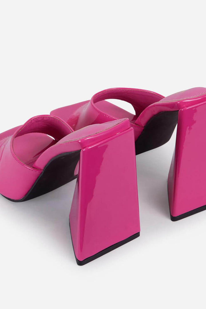 Hot Pink Patent Square Peep Toe Sculptured Flared Block Heel Mules - MomyMall