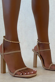 Nude Lycra Chain Detail Block Heels - MomyMall