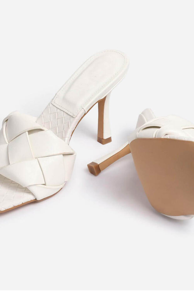 White Faux Leather Woven Square Peep Toe Mules - MomyMall