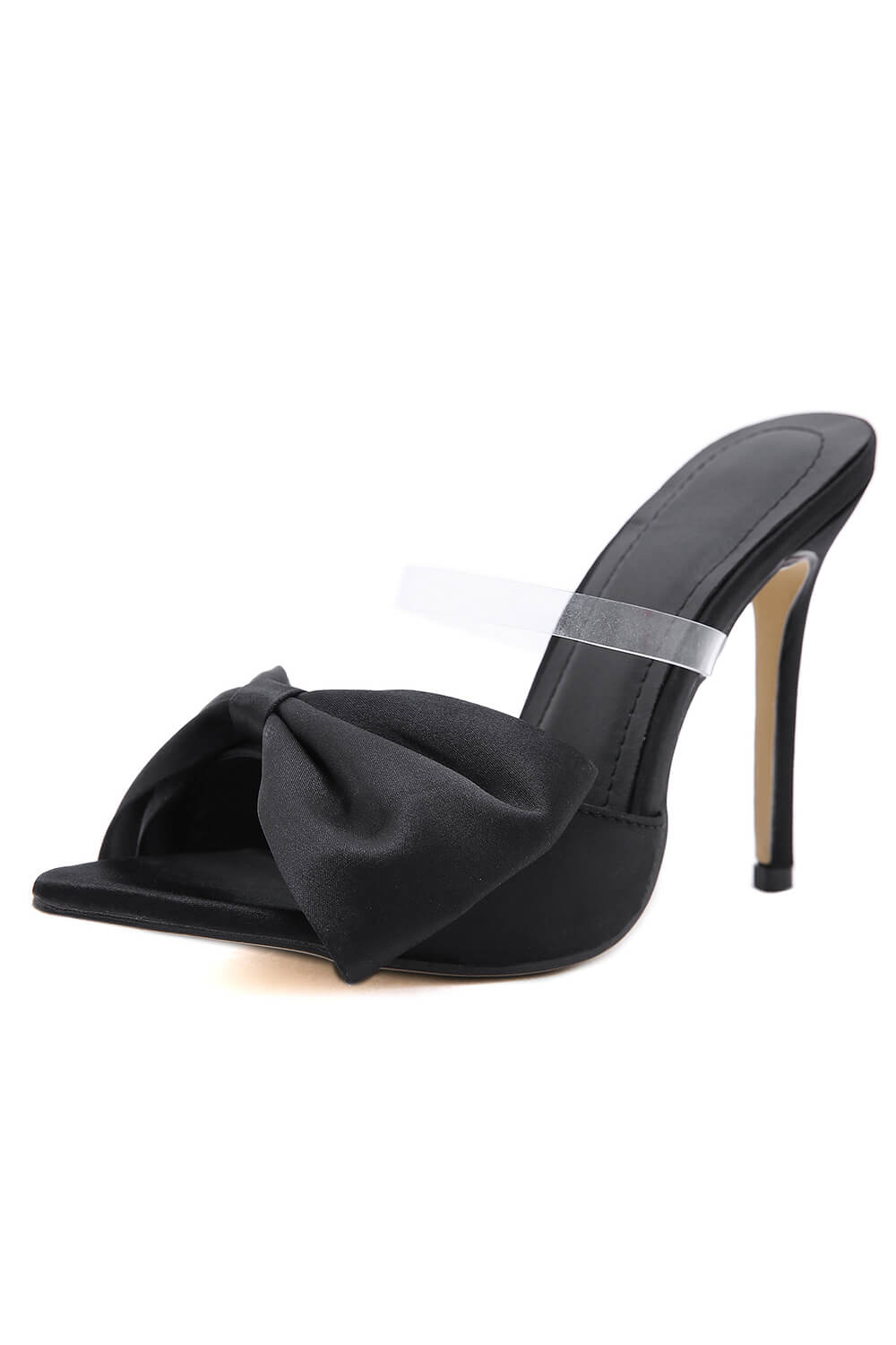 Schwarze Stiletto-Pantoletten aus Satin mit Schleife