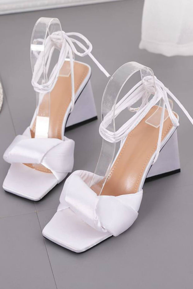 White Satin Knotted Detail Lace Up Square Peep Toe Sculptured Flared Block Heel - MomyMall