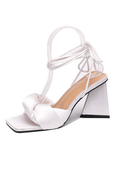 White Satin Knotted Detail Lace Up Square Peep Toe Sculptured Flared Block Heel - MomyMall