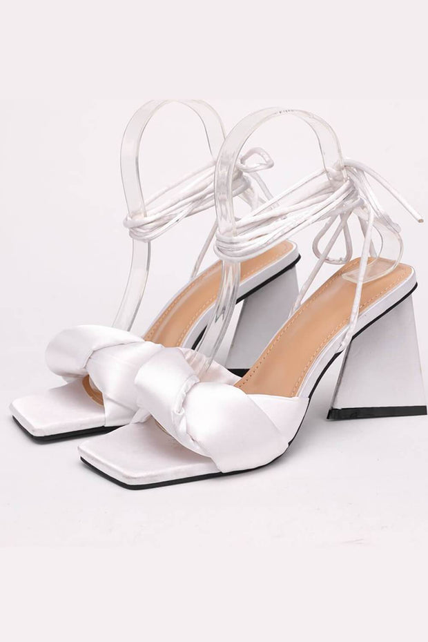 White Satin Knotted Detail Lace Up Square Peep Toe Sculptured Flared Block Heel - MomyMall
