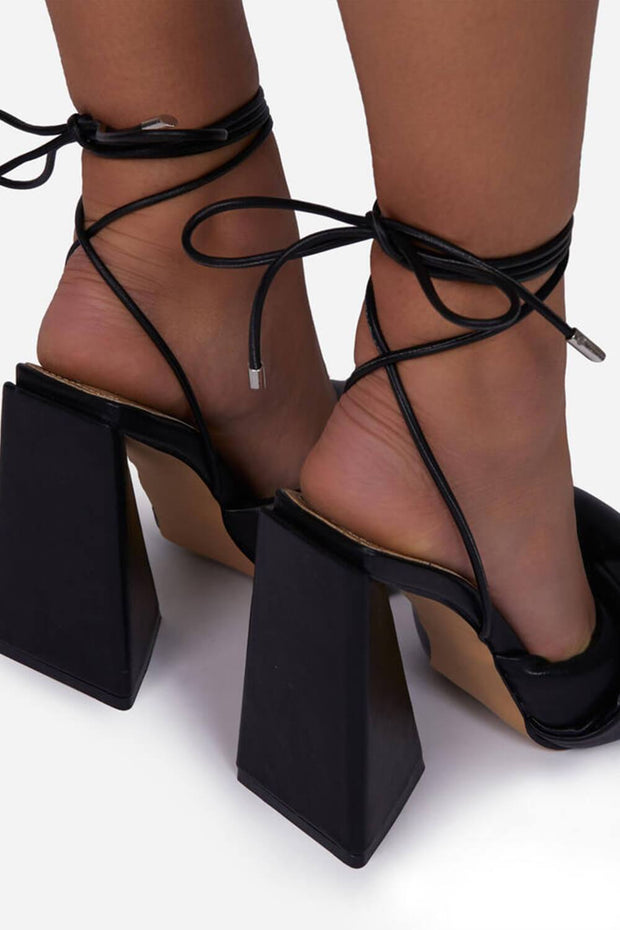 Black Satin Knotted Detail Lace Up Square Peep Toe Sculptured Flared Block Heel - MomyMall