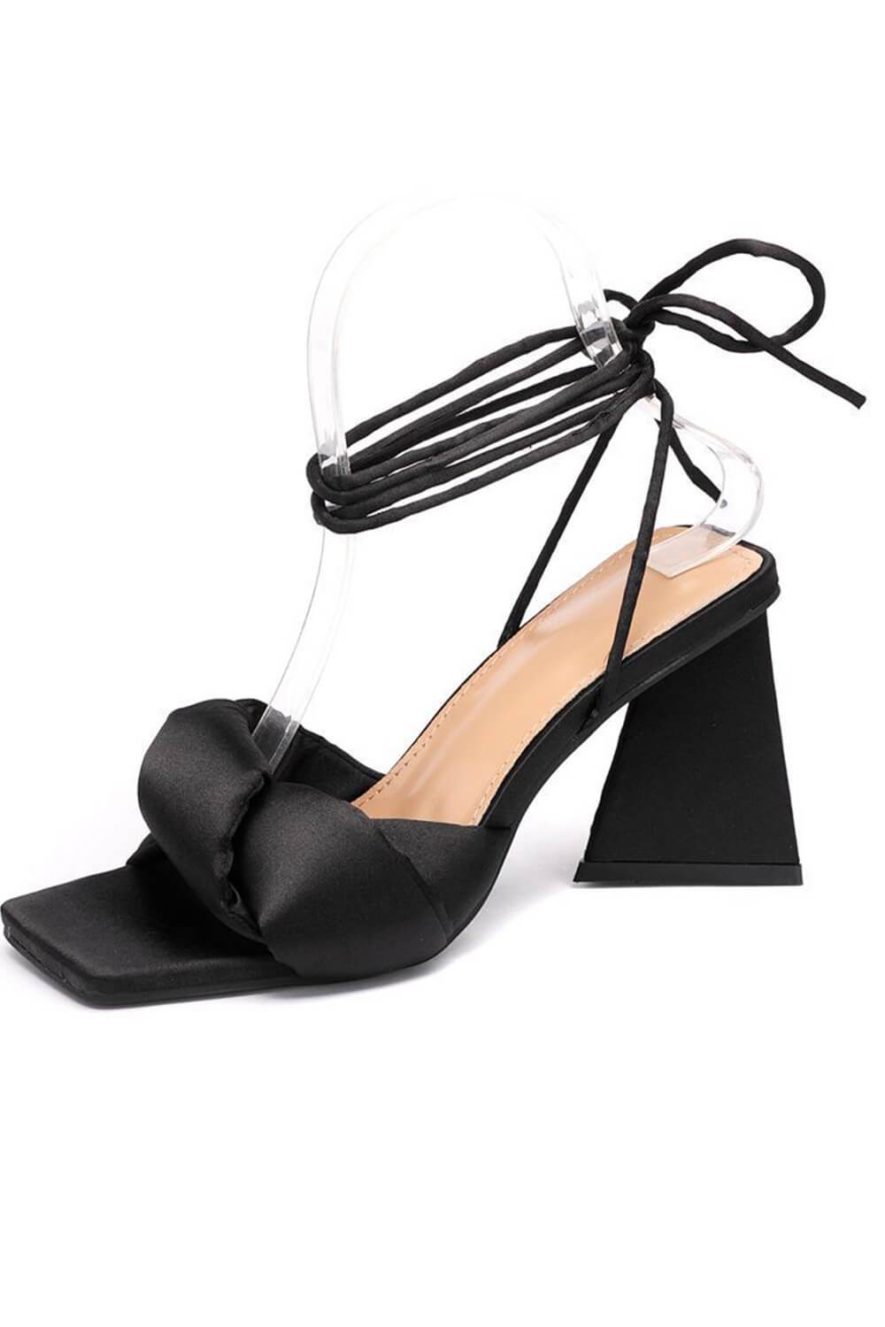 Black Satin Knotted Detail Lace Up Square Peep Toe Sculptured Flared Block Heel - MomyMall