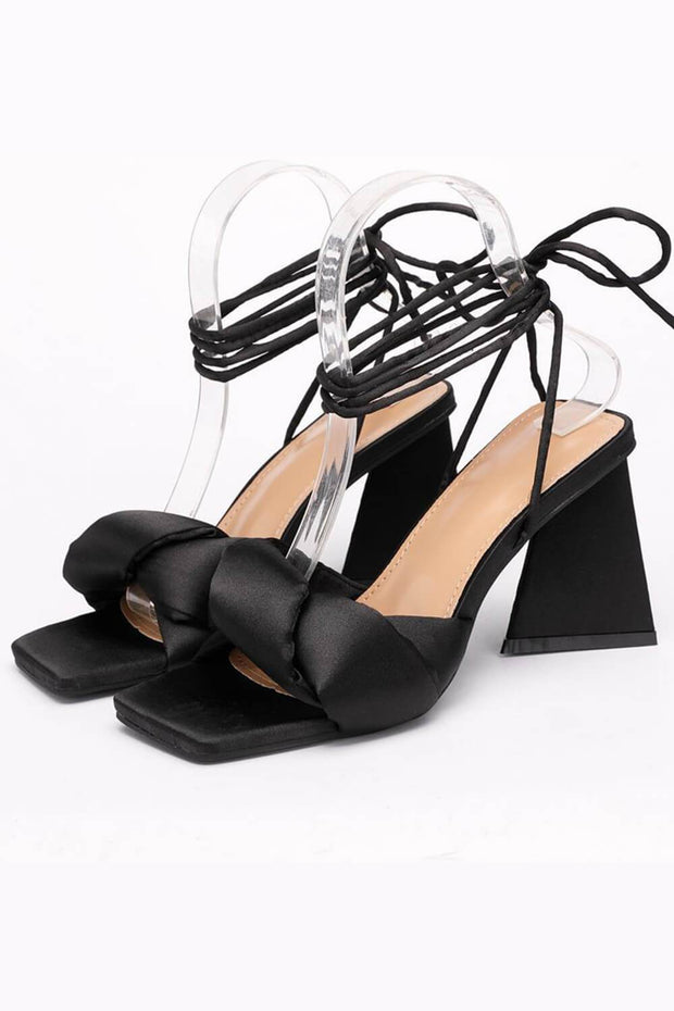 Black Satin Knotted Detail Lace Up Square Peep Toe Sculptured Flared Block Heel - MomyMall
