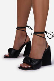 Black Satin Knotted Detail Lace Up Square Peep Toe Sculptured Flared Block Heel - MomyMall