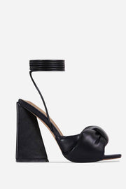 Black Satin Knotted Detail Lace Up Square Peep Toe Sculptured Flared Block Heel - MomyMall