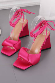 Hot Pink Satin Knotted Detail Lace Up Square Peep Toe Sculptured Flared Block Heel