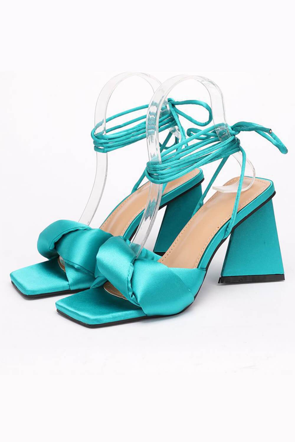 Green Satin Knotted Detail Lace Up Square Peep Toe Sculptured Flared Block Heel