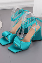Green Satin Knotted Detail Lace Up Square Peep Toe Sculptured Flared Block Heel