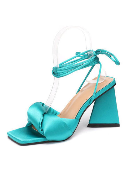 Green Satin Knotted Detail Lace Up Square Peep Toe Sculptured Flared Block Heel