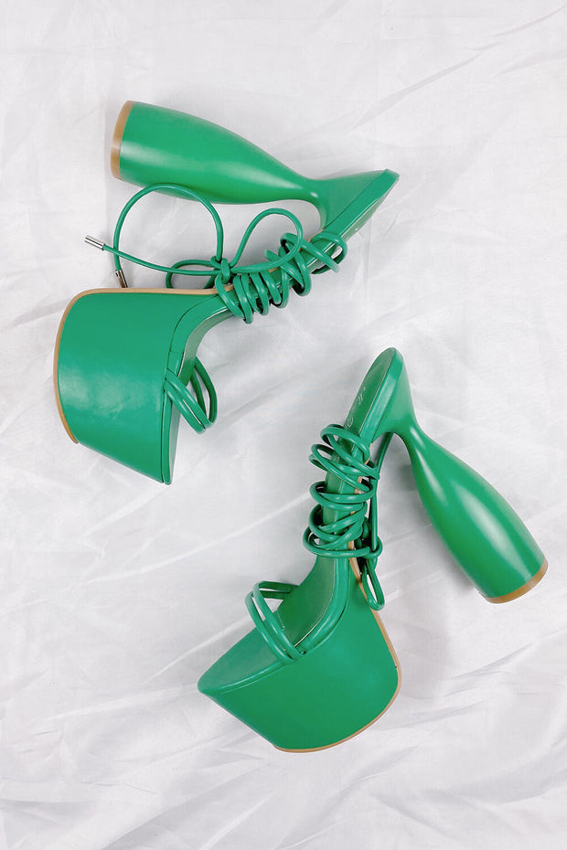 Green Pu Lace Up Cylinder Platform Heels - MomyMall