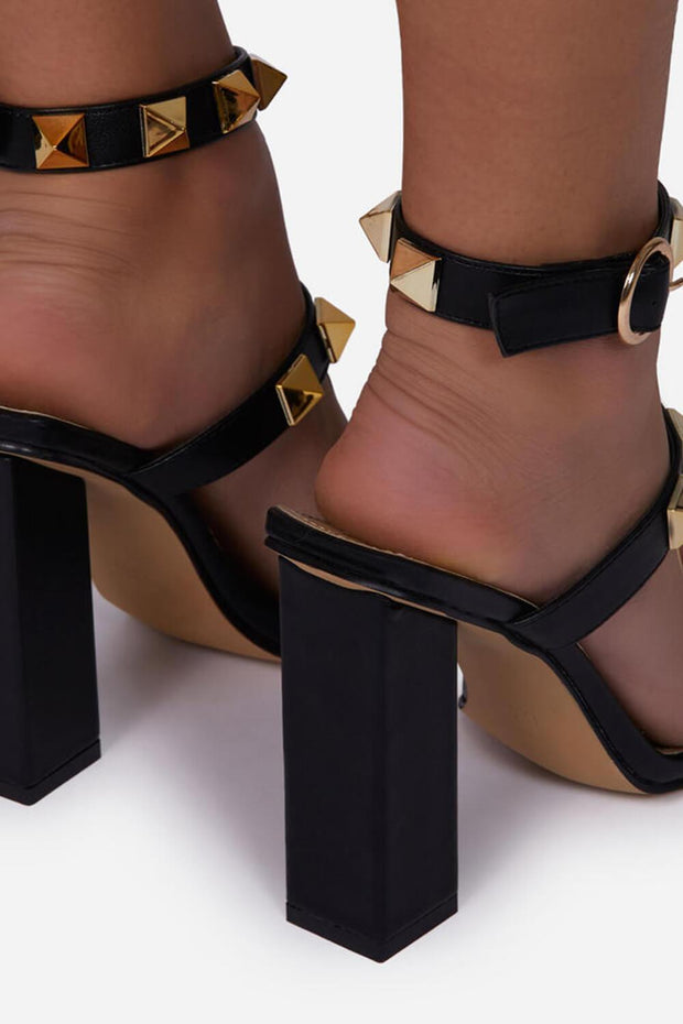 Black Faux Leather Studded Detail Caged Square Toe Block Heel