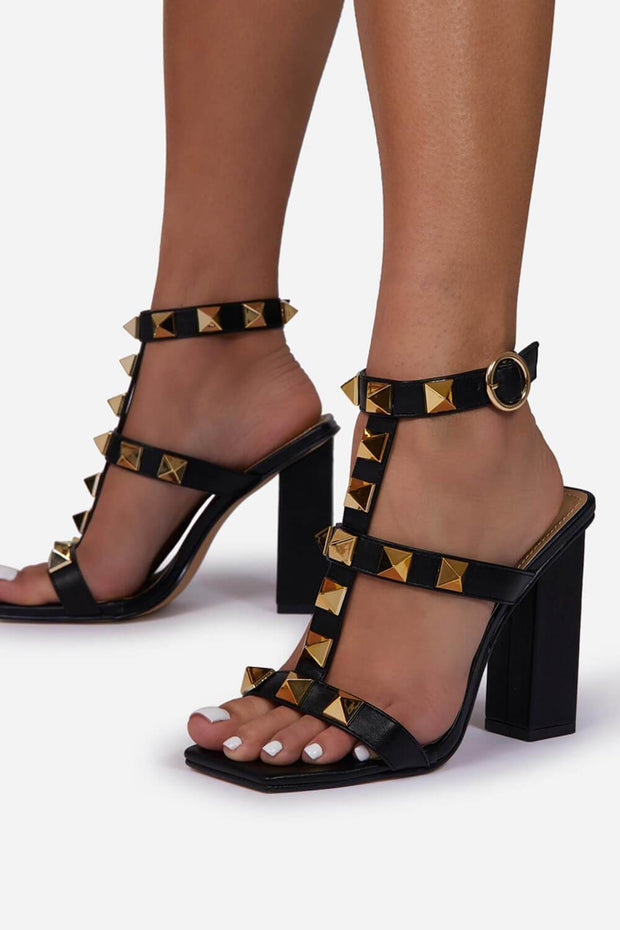 Black Faux Leather Studded Detail Caged Square Toe Block Heel