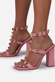 Pink Faux Leather Studded Detail Caged Square Toe Block Heel
