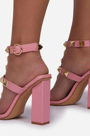 Pink Faux Leather Studded Detail Caged Square Toe Block Heel