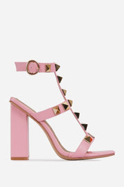 Pink Faux Leather Studded Detail Caged Square Toe Block Heel