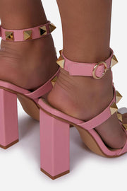 Pink Faux Leather Studded Detail Caged Square Toe Block Heel