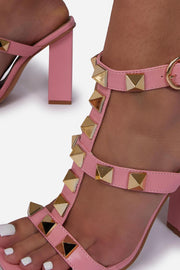 Pink Faux Leather Studded Detail Caged Square Toe Block Heel