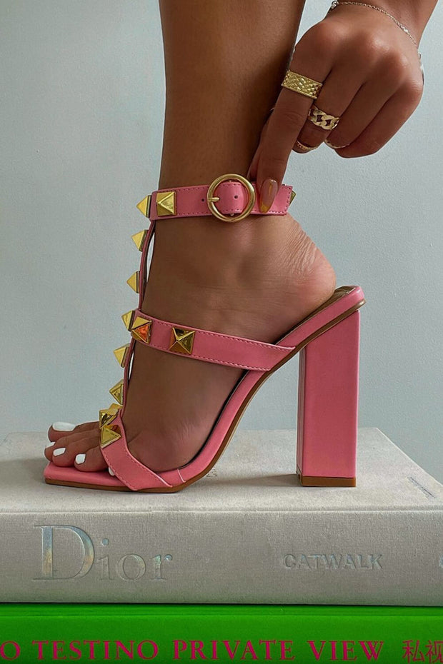 Pink Faux Leather Studded Detail Caged Square Toe Block Heel