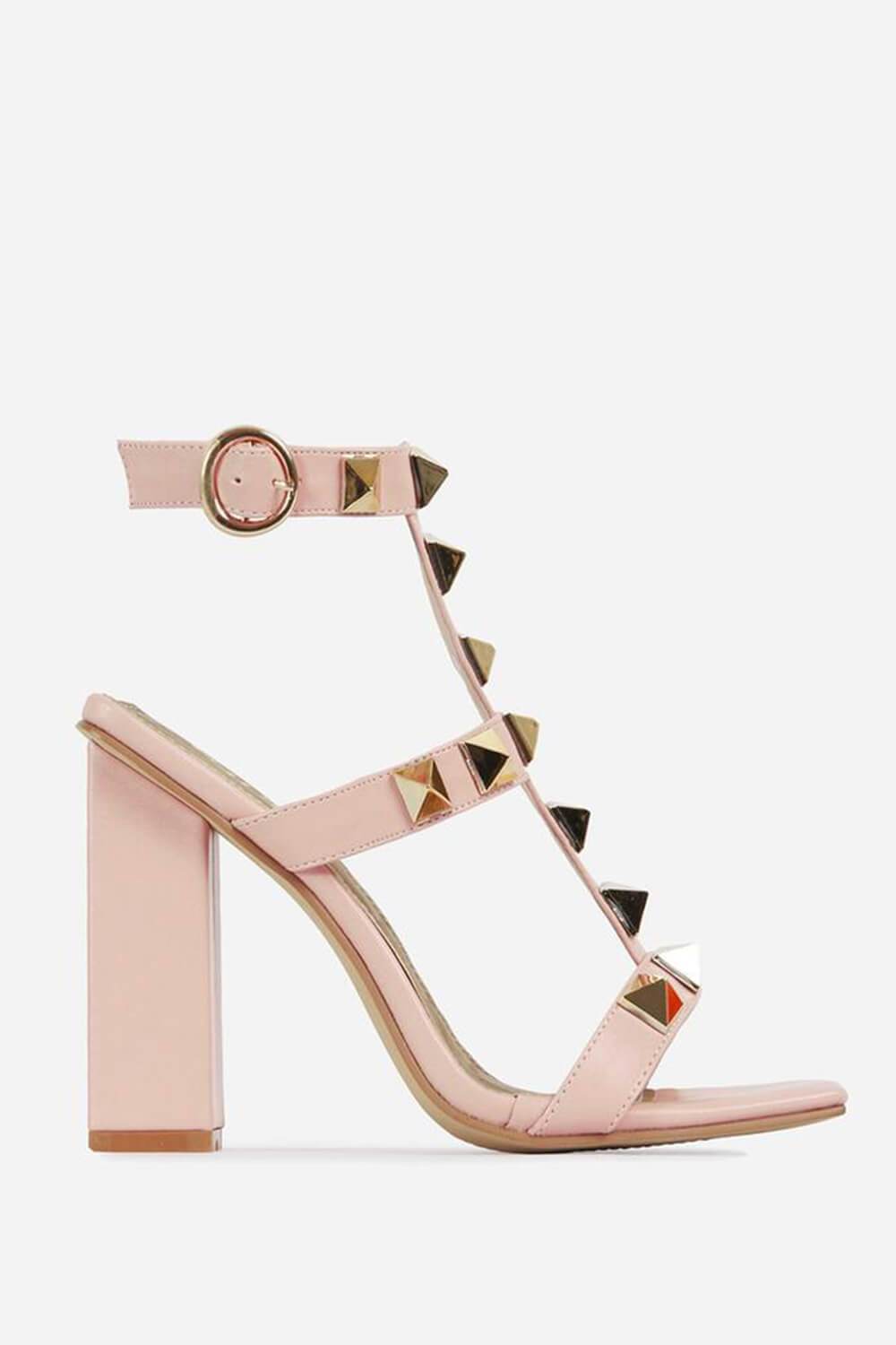 Nude Faux Leather Studded Detail Caged Square Toe Block Heel