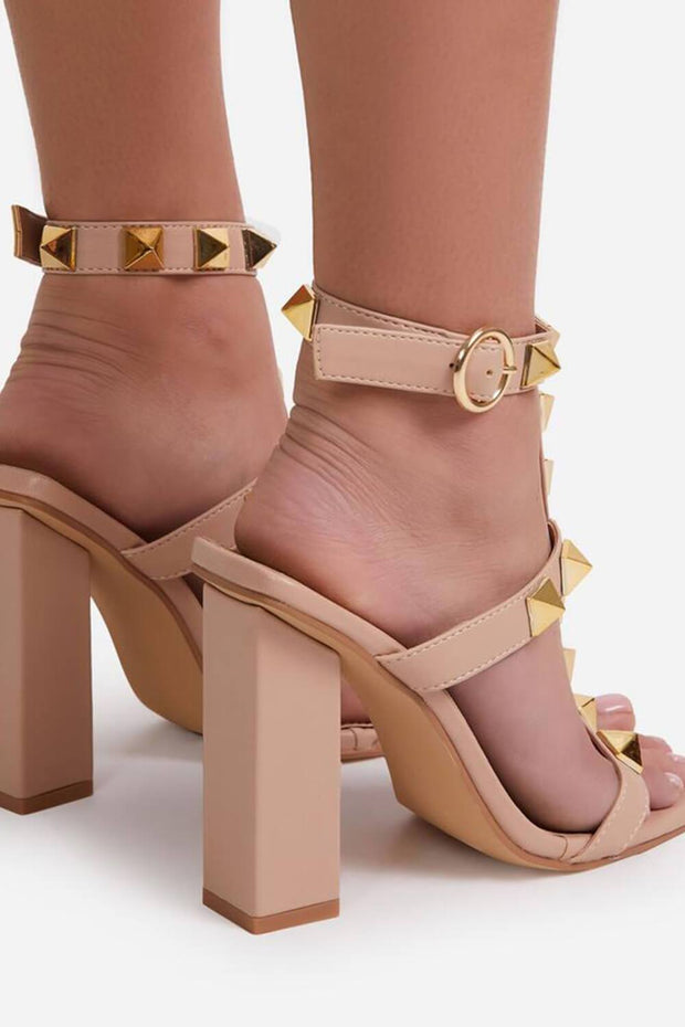 Nude Faux Leather Studded Detail Caged Square Toe Block Heel