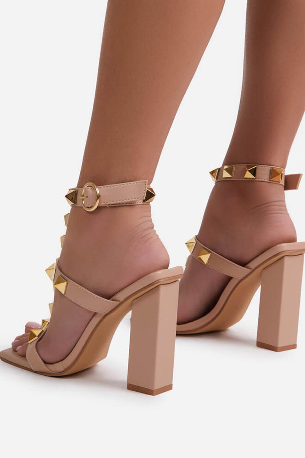 Nude Faux Leather Studded Detail Caged Square Toe Block Heel