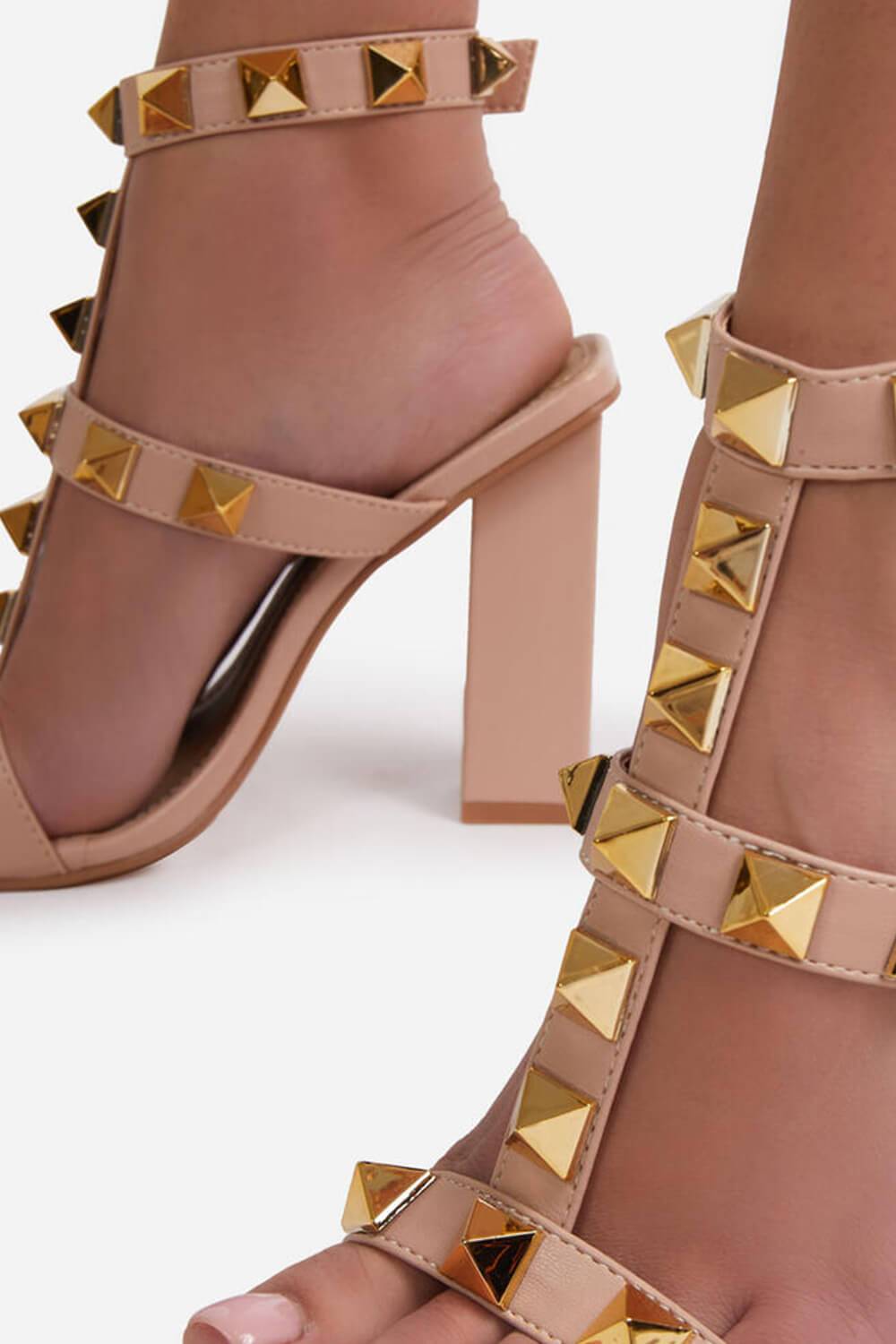 Nude Faux Leather Studded Detail Caged Square Toe Block Heel