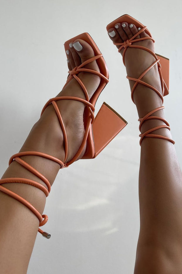 Orange Faux Leather Knotted Detail Lace Up Square Toe Sculptured Flared Block Heels