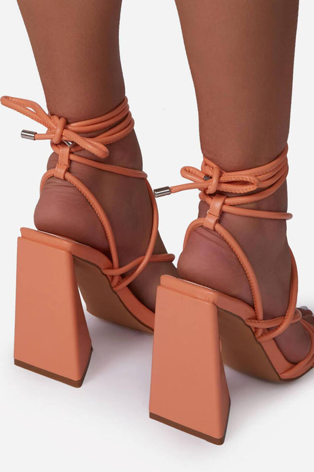 Orange Faux Leather Knotted Detail Lace Up Square Toe Sculptured Flared Block Heels