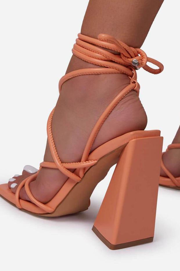 Orange Faux Leather Knotted Detail Lace Up Square Toe Sculptured Flared Block Heels