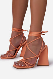Orange Faux Leather Knotted Detail Lace Up Square Toe Sculptured Flared Block Heels