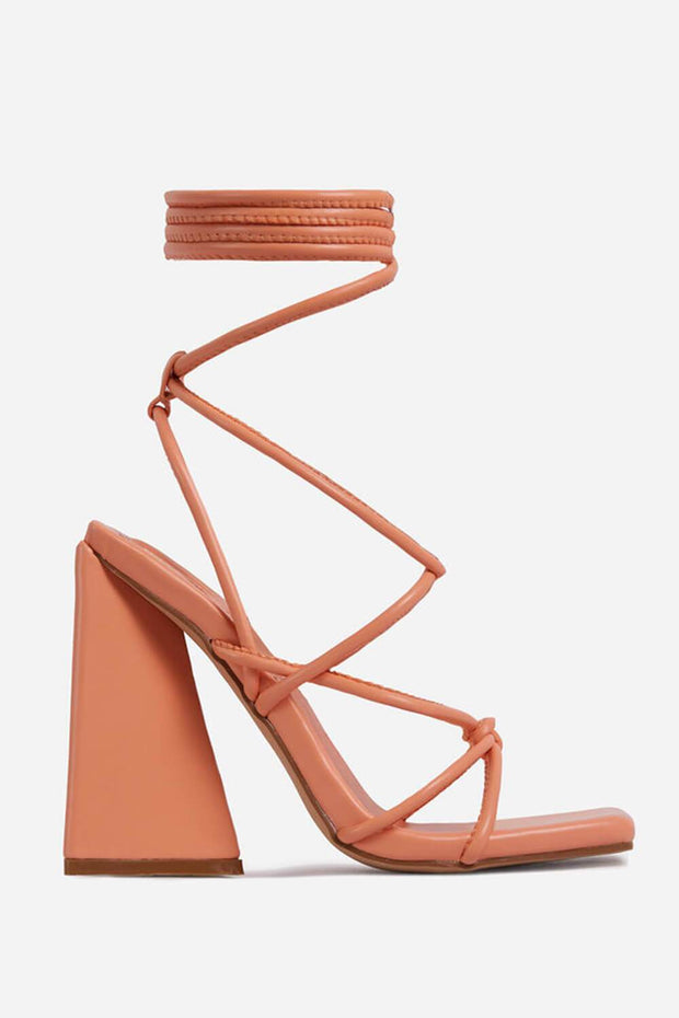 Orange Faux Leather Knotted Detail Lace Up Square Toe Sculptured Flared Block Heels