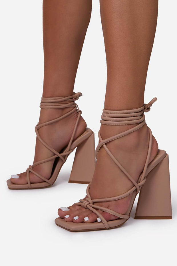 Nude Faux Leather Knotted Detail Lace Up Square Toe Sculptured Flared Block Heels - MomyMall