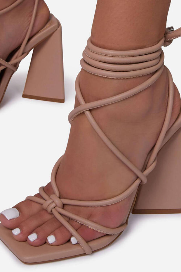 Nude Faux Leather Knotted Detail Lace Up Square Toe Sculptured Flared Block Heels - MomyMall