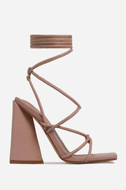 Nude Faux Leather Knotted Detail Lace Up Square Toe Sculptured Flared Block Heels - MomyMall