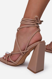 Nude Faux Leather Knotted Detail Lace Up Square Toe Sculptured Flared Block Heels - MomyMall