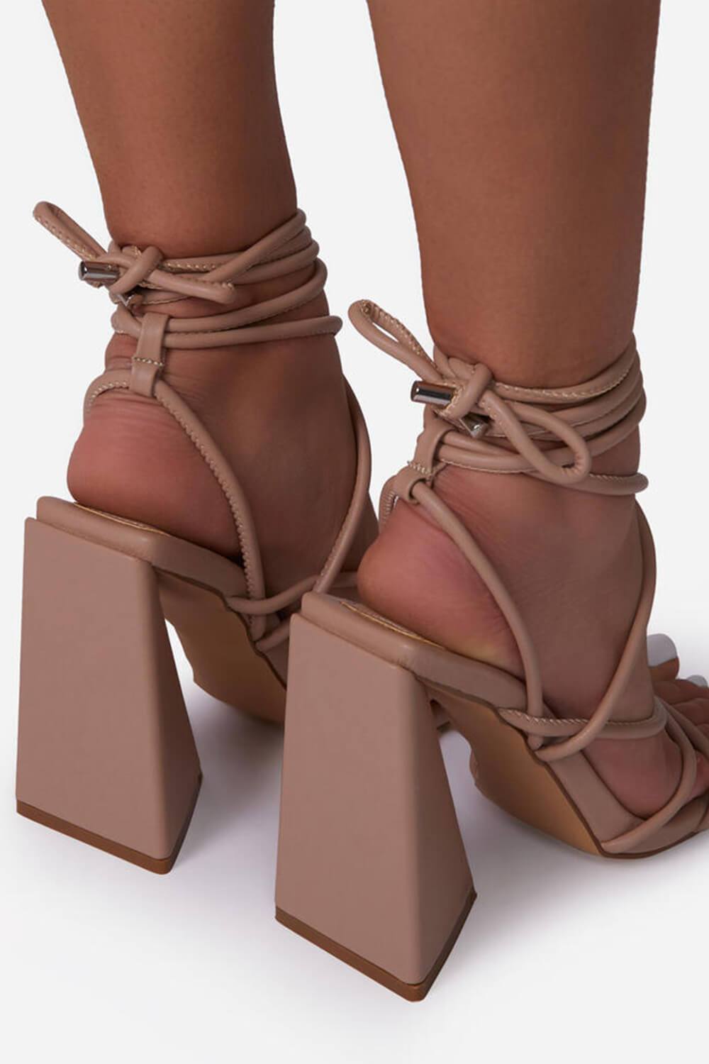 Nude Faux Leather Knotted Detail Lace Up Square Toe Sculptured Flared Block Heels - MomyMall